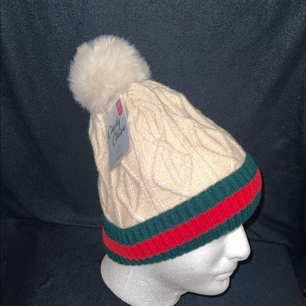 NWT 4pc multicolor Knitted Faux Fur Lined red & green stripe beanie with Pom Pom